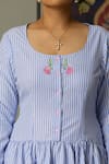Quod_Blue Cotton Embroidery Round Neck Striped Brooks Dress _at_Aza_Fashions