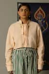 Buy_Quod_Yellow Cotton Embroidery Open Neck Ridge Striped Shirt 