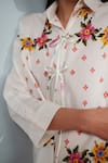Rainas_White Cotton, Linen Embroidery Collared Threaded Blooms Shirt And Pant Set _at_Aza_Fashions
