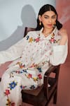 Buy_Rainas_White Cotton, Linen Embroidery Collared Threaded Blooms Shirt And Pant Set 