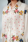Shop_Rainas_White Cotton, Linen Embroidery Collared Threaded Blooms Shirt And Pant Set 
