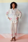 Buy_Rainas_White Cotton, Linen Embroidery Collared Cross Stitch Meadow Set _at_Aza_Fashions