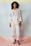 Rainas_White Cotton, Linen Embroidery Collared Cross Stitch Meadow Set _Online_at_Aza_Fashions