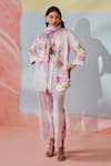 Rainas_Pink Cotton, Linen Embroidery Collared Blush And Bloom Tunic Pant Set _Online_at_Aza_Fashions