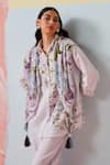 Shop_Rainas_Lilac Cotton, Linen Embroidery, Sequins Collared Floral Print Set _at_Aza_Fashions