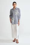 Rainas_Blue Cotton, Linen Embroidery Collared Aviary Stripes Set _Online_at_Aza_Fashions