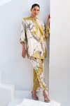 Shop_Rainas_Mustard Cotton, Linen Pom-poms Round Neck Bloom Kurta Pant Set _Online_at_Aza_Fashions