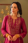 Rashi Jain_Magenta Chanderi, Organza Beads, Sequins Split V-neck Kurta Pant Dupatta Set _Online_at_Aza_Fashions