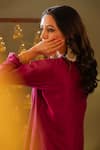 Shop_Rashi Jain_Magenta Chanderi, Organza Beads, Sequins Split V-neck Kurta Pant Dupatta Set _at_Aza_Fashions