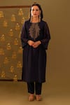 Shop_Rashi Jain_Navy Chanderi, Organza Embroidery Keyhole Neck And Rust Kurta Set _at_Aza_Fashions