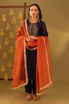Buy_Rashi Jain_Navy Chanderi, Organza Embroidery Keyhole Neck And Rust Kurta Set _at_Aza_Fashions