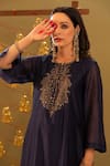 Rashi Jain_Navy Chanderi, Organza Embroidery Keyhole Neck And Rust Kurta Set _Online_at_Aza_Fashions