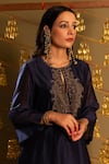 Buy_Rashi Jain_Navy Chanderi, Organza Embroidery Keyhole Neck And Rust Kurta Set _Online_at_Aza_Fashions