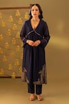 Rashi Jain_Navy Chanderi, Organza Embroidery V-neck And Mustard Kurta Set _at_Aza_Fashions