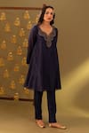 Buy_Rashi Jain_Navy Chanderi, Organza Embroidery V-neck And Green Kurta Set _Online_at_Aza_Fashions