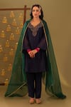 Buy_Rashi Jain_Navy Chanderi, Organza Embroidery V-neck And Green Kurta Set _at_Aza_Fashions