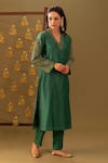 Buy_Rashi Jain_Green Chanderi, Organza Embroidery V-neck Kurta Set With Dupatta _Online_at_Aza_Fashions