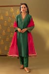 Buy_Rashi Jain_Green Chanderi, Organza Embroidery V-neck Kurta Set With Dupatta _at_Aza_Fashions