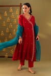 Buy_Rashi Jain_Red Chanderi, Organza Embroidery V-neck And Teal Kurta Pant Dupatta Set _at_Aza_Fashions