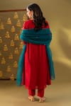 Shop_Rashi Jain_Red Chanderi, Organza Embroidery V-neck And Teal Kurta Pant Dupatta Set _at_Aza_Fashions