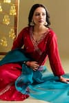 Shop_Rashi Jain_Red Chanderi, Organza Embroidery V-neck And Teal Kurta Pant Dupatta Set _Online_at_Aza_Fashions