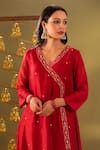 Rashi Jain_Red Chanderi, Organza Embroidery V-neck And Teal Kurta Pant Dupatta Set _at_Aza_Fashions