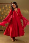 Buy_Rashi Jain_Red Chanderi, Organza Tassels V-neck Angrakha Set With Dupatta _at_Aza_Fashions