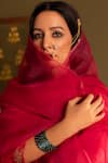 Buy_Rashi Jain_Red Chanderi, Organza Tassels V-neck Angrakha Set With Dupatta _Online_at_Aza_Fashions