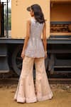 Shop_Sabe_Silver Net, Tissue Sequins V-neck Designer Peach Anjum Sharara Set _at_Aza_Fashions