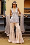 Buy_Sabe_Silver Net, Tissue Sequins V-neck Designer Peach Anjum Sharara Set _at_Aza_Fashions