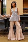 Buy_Sabe_Silver Net, Tissue Sequins V-neck Designer Peach Anjum Sharara Set _Online_at_Aza_Fashions