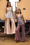 Sabe_Silver Net, Tissue Sequins V-neck Designer Peach Anjum Sharara Set _at_Aza_Fashions