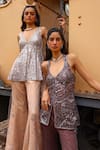 Buy_Sabe_Silver Net, Tissue Sequins V-neck Designer Peach Anjum Sharara Set 