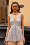 Shop_Sabe_Silver Net, Tissue Sequins V-neck Designer Peach Anjum Sharara Set 