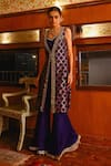 Buy_Sabe_Navy Silk Sequins, Beads, Embroidery V-neck Blue Bandhani Jacket And Sharara Set _at_Aza_Fashions