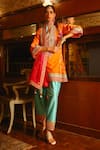 Buy_Sabe_Orange Silk, Organza Embroidery, Tassels Split V-neck Designer Feroza Kurta Set _at_Aza_Fashions