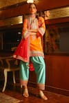 Sabe_Orange Silk, Organza Embroidery, Tassels Split V-neck Designer Feroza Kurta Set _Online_at_Aza_Fashions