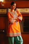 Buy_Sabe_Orange Silk, Organza Embroidery, Tassels Split V-neck Designer Feroza Kurta Set _Online_at_Aza_Fashions