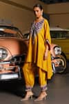 Buy_Sabe_Mustard Silk Embroidery Split V-neck Designer Purple Kiran Kurta Set _Online_at_Aza_Fashions