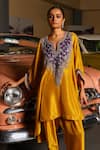 Shop_Sabe_Mustard Silk Embroidery Split V-neck Designer Purple Kiran Kurta Set _Online_at_Aza_Fashions