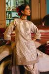 Sabe_Gray Tissue, Net Embroidery Round Neck Designer Nazara Kurta Set _at_Aza_Fashions