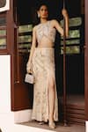 Buy_Sabe_Peach Net Beads, Sequins Round Neck Designer Top And Skirt Set _Online_at_Aza_Fashions