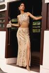 Shop_Sabe_Peach Net Beads, Sequins Round Neck Designer Top And Skirt Set _Online_at_Aza_Fashions