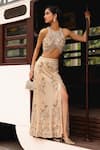 Buy_Sabe_Peach Net Beads, Sequins Round Neck Designer Top And Skirt Set _at_Aza_Fashions