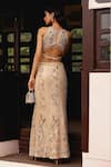 Shop_Sabe_Peach Net Beads, Sequins Round Neck Designer Top And Skirt Set _at_Aza_Fashions