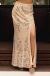 Shop_Sabe_Peach Net Beads, Sequins Round Neck Designer Top And Skirt Set 