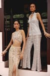 Buy_Sabe_Peach Net Beads, Sequins Round Neck Designer Top And Skirt Set _Online