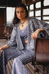 Shop_Sabe_Gray Silk, Net Sequins Sweetheart , Open Designer Cape And Pants Set 
