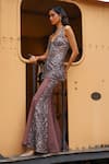 Sabe_Brown Net Sequins Halter Neck Designer Sharara Set _Online_at_Aza_Fashions