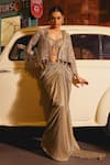 Buy_Sabe_Green Georgette, Net Sequins, Beads, Embroidery Designer Pre-draped Saree Set _Online_at_Aza_Fashions